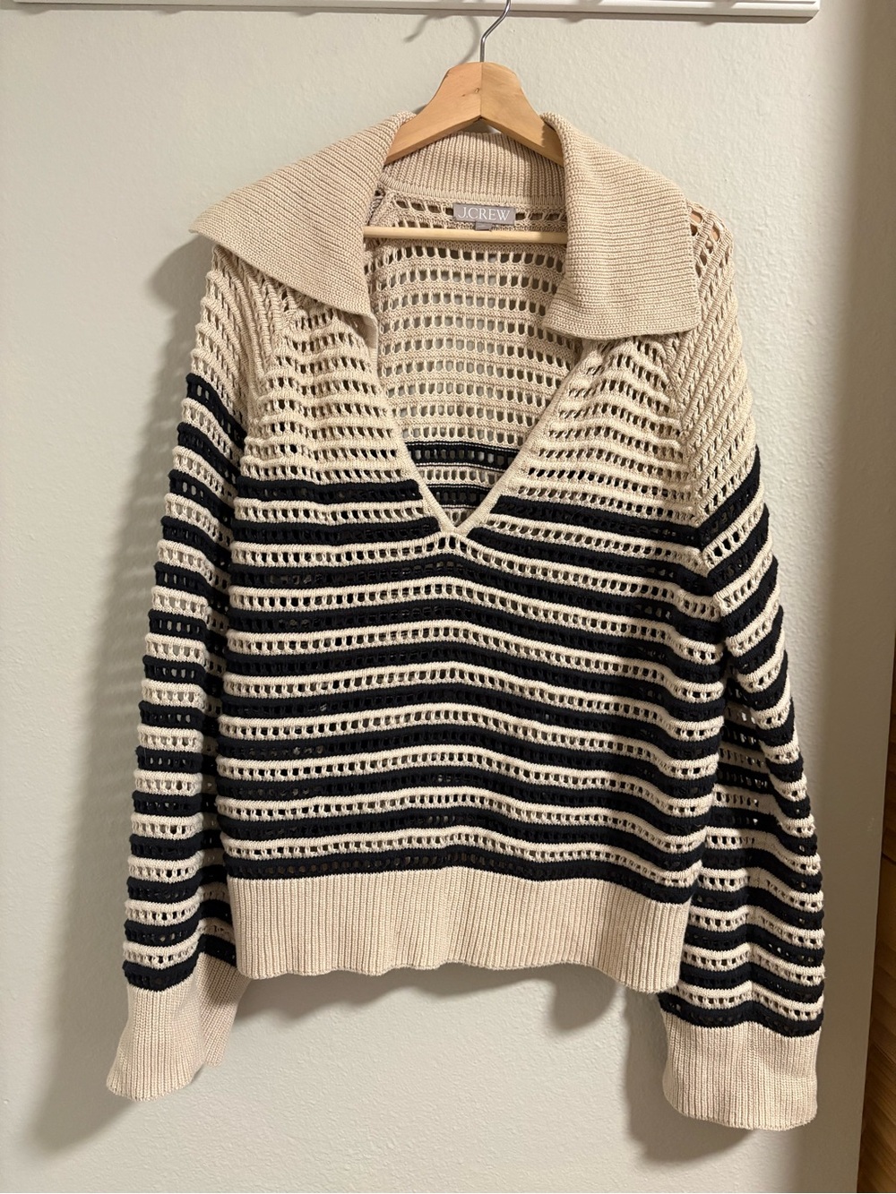 J. Crew Cream and Black Open-Knit Striped V-Neck Sweater with Collar